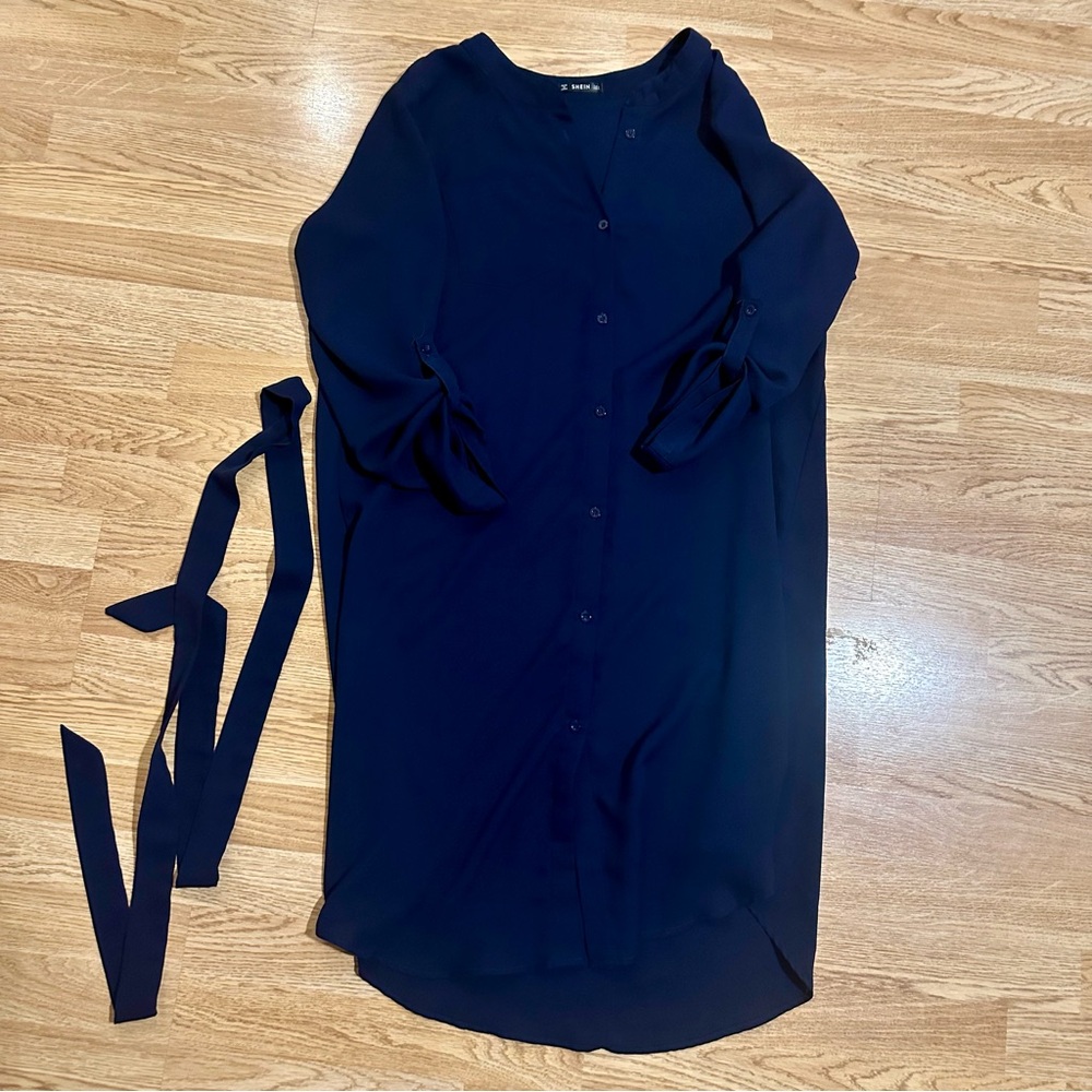 SHEIN Blue Dolman Sleeve Collar Dress with Belt